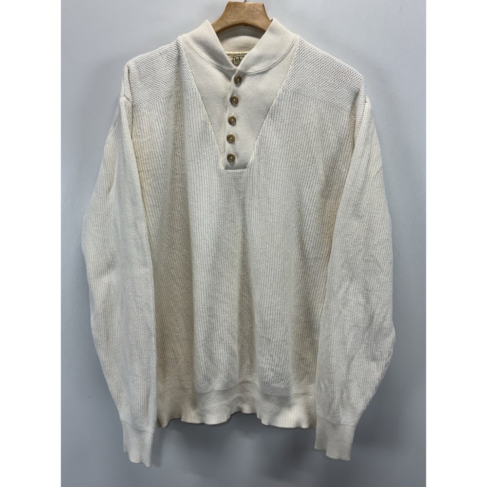VTG LL Bean Henley Long Sleeve Sweater XL Long Fisherman Thick USA Made Cream